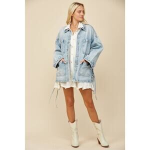 NWT Wisteria Lane Denim Utility Jacket Size S 100% Cotton Side Tie Oversized